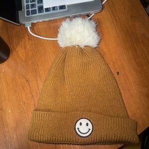 Brown Pom Pom Smiley Face Beanie